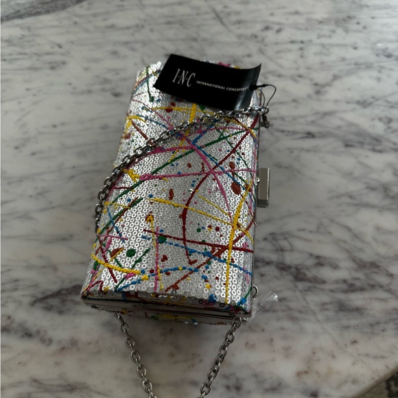 New INC Sequin Sparkling Rainbow Clasp Box Crossbody Clutch 7" W 5" H 2.5" D - Picture 2 of 6